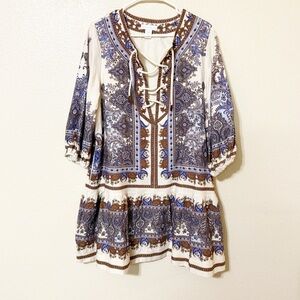 House of Harlow Linen Blend Paisley Drop Waist Puff Sleeve Lace Up Mini Dress L